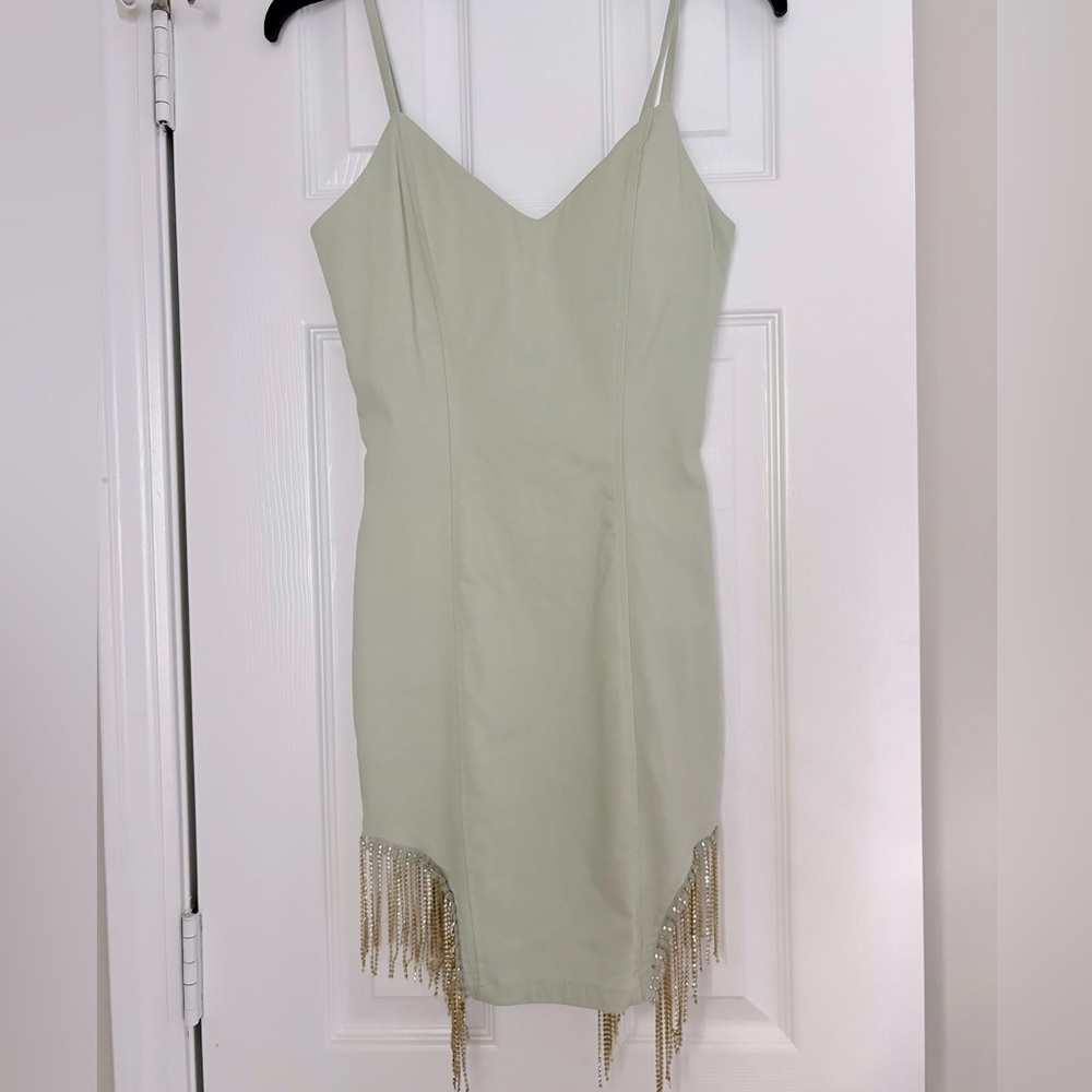 Sage Green Crystal Fringe Party Dress S